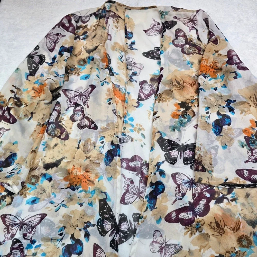 Butterfly Floral Sheer Kimono Duster Swimsuit Cover Up High Low Hem Medium